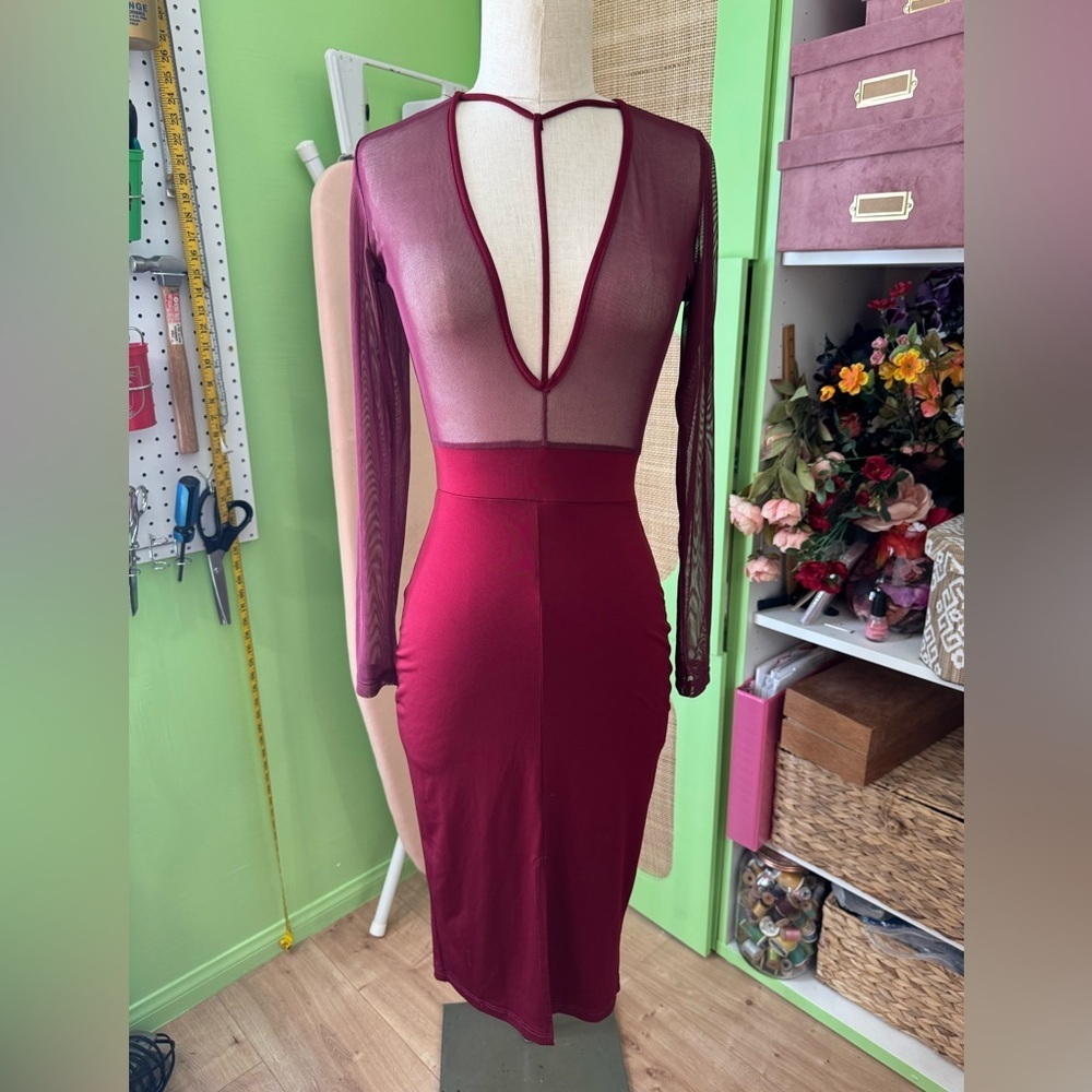 Burgundy Sheer Top Long Sleeve Dress